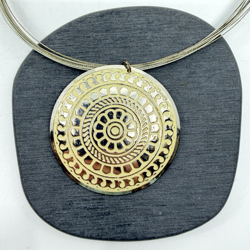 Enamel Mandala Pendant Necklace Silver-Tone Multi-Strand Statement Boho Chic
